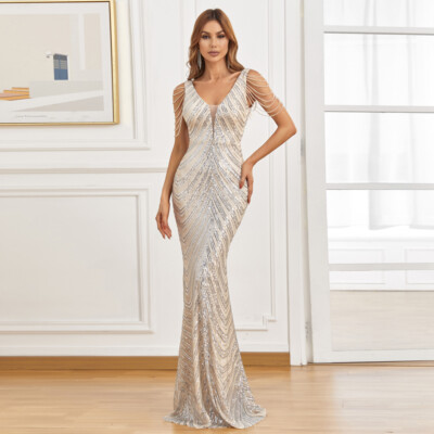 Vintage Beaded Maxi Dress Ladies Beaded Gown Long Prom Dress Deep V Neck Silver Sequin Evening Dress Vintage Beaded Maxi Dress Ladies Beaded Gown Long Prom Dress Deep V Neck Silver Sequin Evening Dress