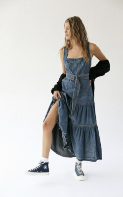 Rare Free People Sierra Madre Denim Belted Waist Tie Tiered Midi Dress 6