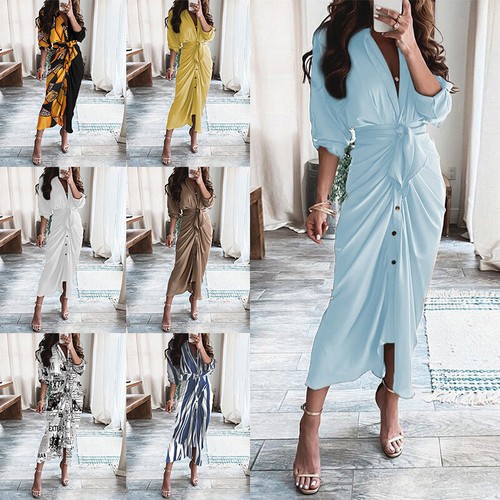 V Neck Mid Length Sleeve Shirt Dress 