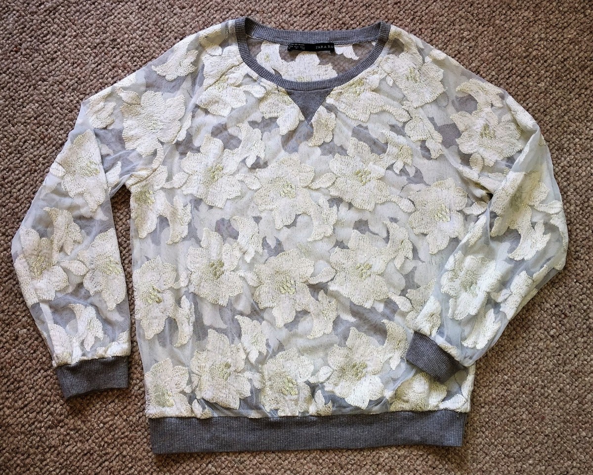 Haut Zara Gris Et Blanc Résille Floral Avec Fil Doré - Taille M UK | Top Zara Transparent Manches Longues Occasion Très Bon état