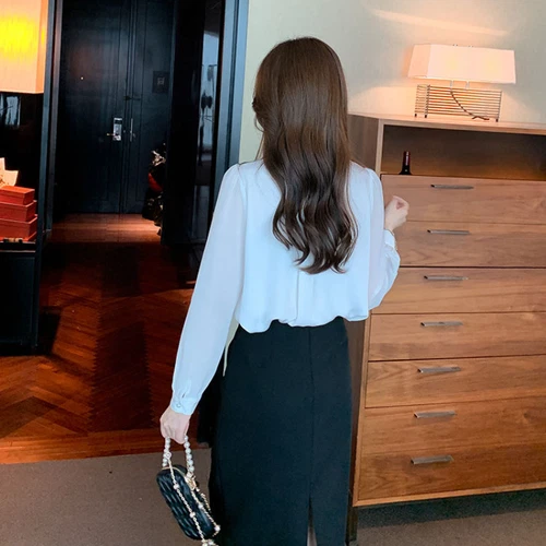 Women Chiffon Ruffle Blouse Long Sleeve Shirt Button Down Office Summer Top - Picture 8 of 8