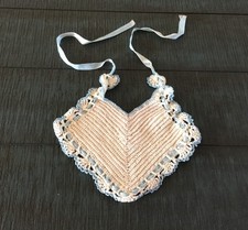 VINTAGE HANDMADE CROCHET BABY BIB / WHITE WITH BLUE TRIM BLUE RIBBON WEAVE