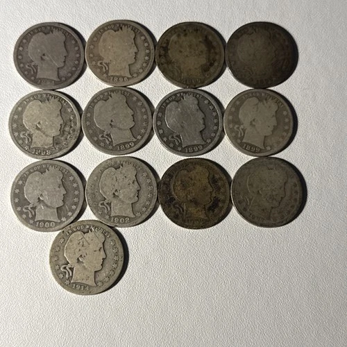 Lot of 13 -1894-1914 Circulated Barber Quarters —90% Silver
