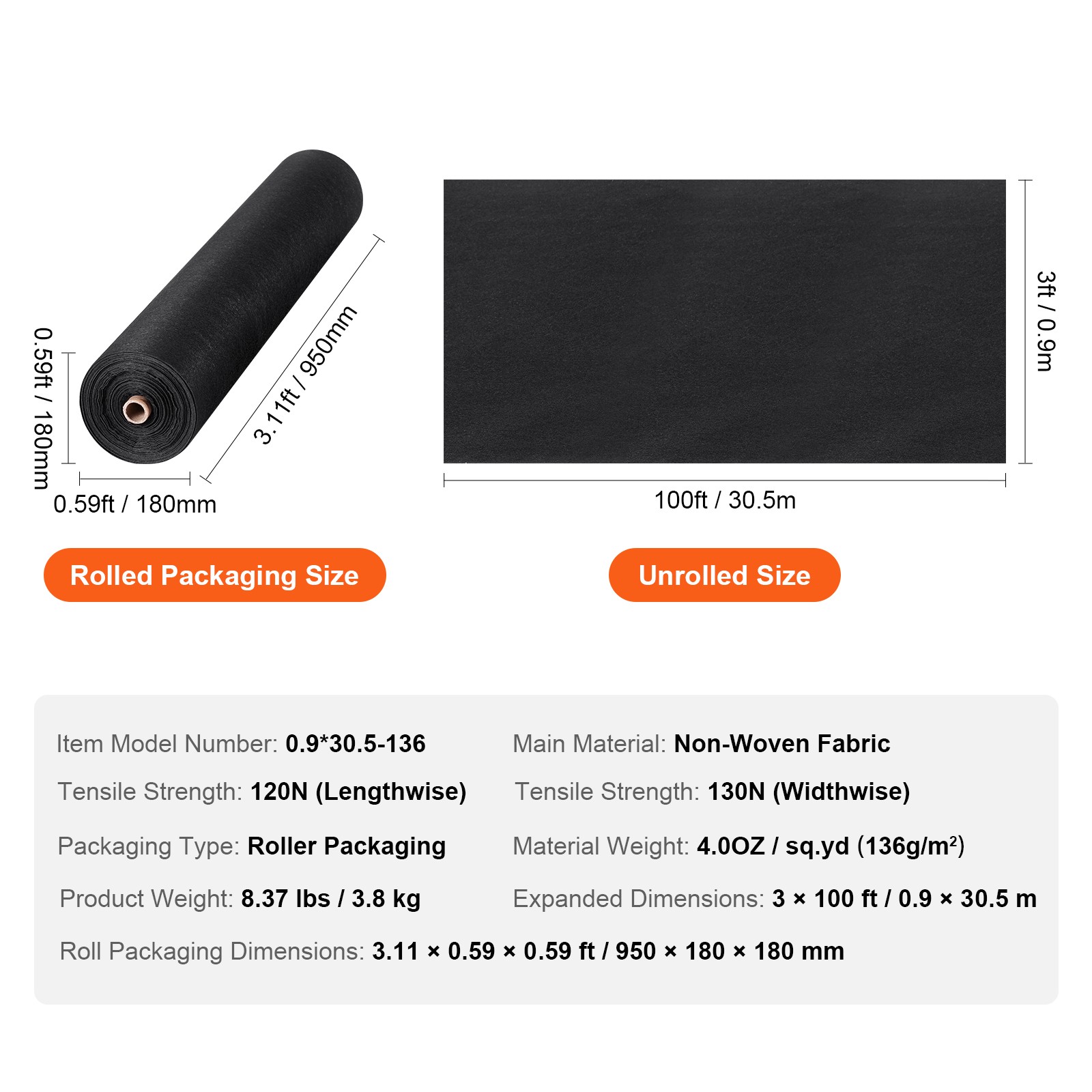 VEVOR Non-Woven Geotextile Fabric 3x100FT 4OZ Ground Cover Weed Control Fabric