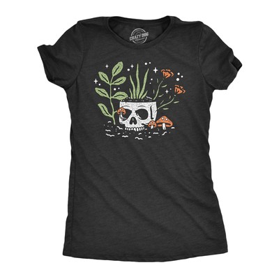 Womens Skull Flowers T Shirt Funny Spooky House Plant Horticulture Lovers Tee