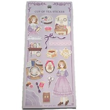 Kawaii Sticker Sheet Purple Pastel Girl Embroidery Sewing Tea Party Japan Daiso