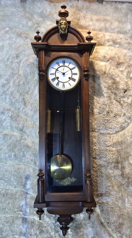 Vintage Antique USA Ansonia Regulator Wall Clock,2 Brass Weights,Walnut Case