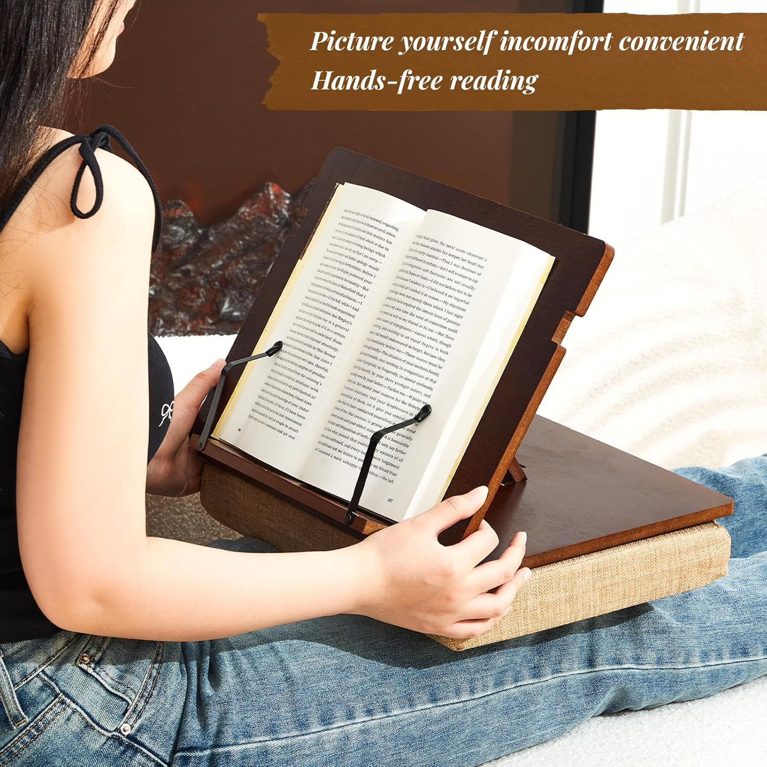 Wood Book Stand with Cushion Adjustable Lap Desk Cookbook Holder 14.7x10.6 Inch