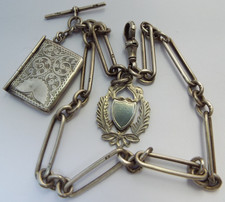 LOVELY ANTIQUE 1923 FANCY LINK SOLID STERLING SILVER ALBERT POCKET WATCH CHAIN