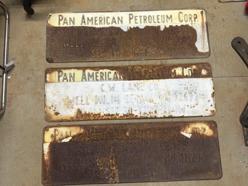 LOT of 3 Pan American Oil Lease Sign Vintage Gas Embossed Metal From Oil Well