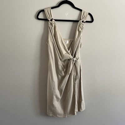 Dee Elly Women S Beige Linen Cotton Boho Safari Sleeveless Wrap Dress NWOT