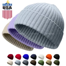 Mini Short Fisherman Beanie Hat Ribbed Docker Winter Warm Knitted Skull Cap cuff