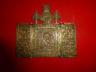 Alte russische Bronzeikone Metallikone Triptychon