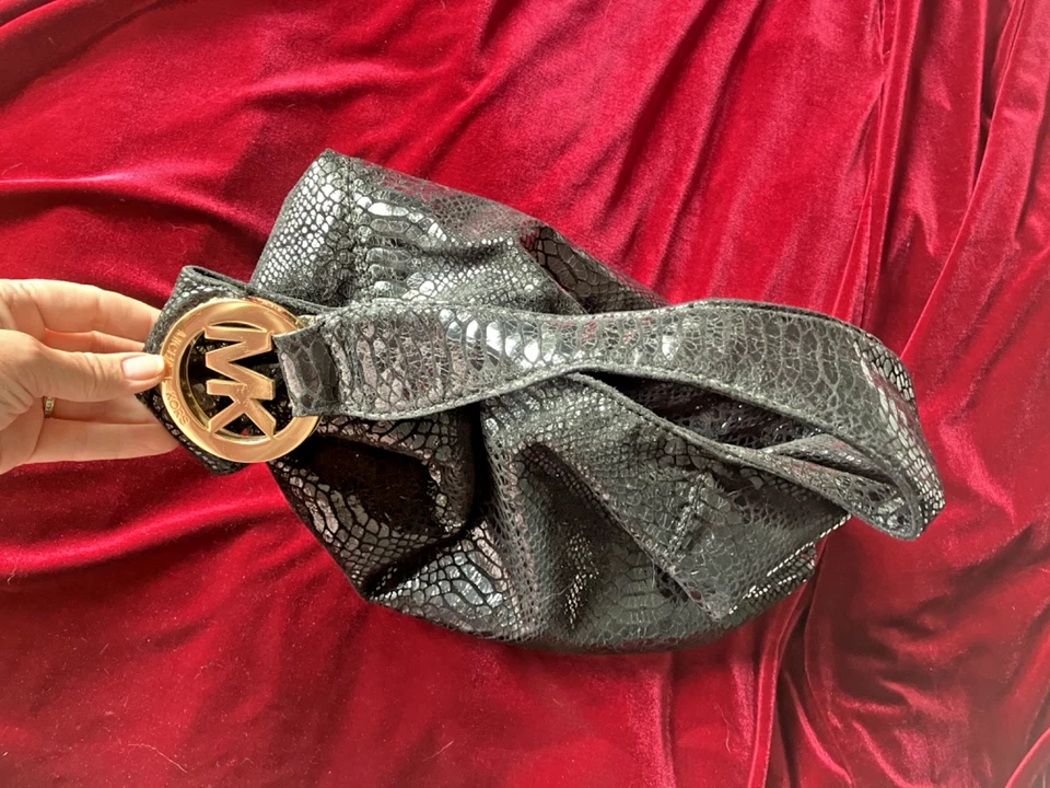 Michael Kors handbag black faux snakeskin with Gold Accents snap close - Image 3 of 4