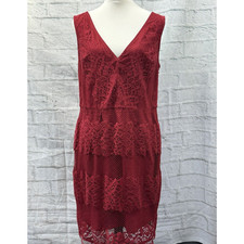 Next Red Lace Overlay Pencil Dress Size 16 V-Neck & Back Strappy Side Zip Party