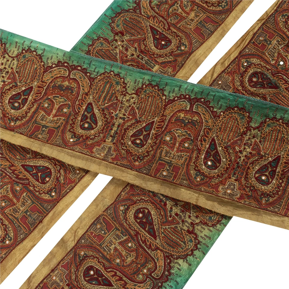 Espejo bordado con borde de sari/sari vintage de encaje marrón seda con borde de 1 yarda Foto 2 de 4