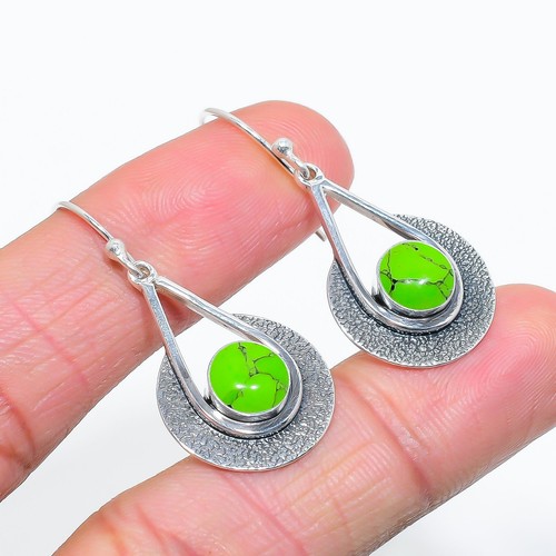 Green Turquoise Gemstone 925 Sterling Silver Jewelry Earring, Beautiful Earring - Picture 2 of 4