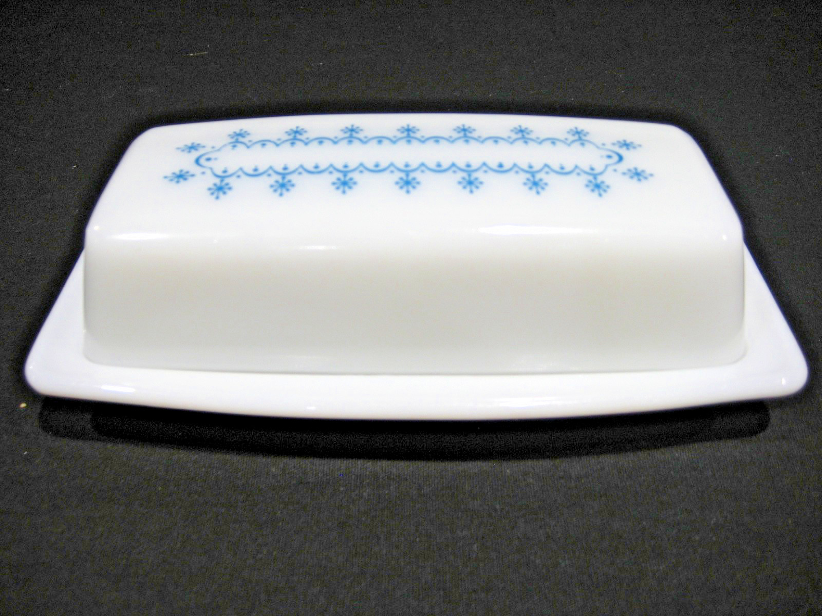 Vintage Pyrex Blue and Milk Glass Snowflake Garland Butter Dish with Lid