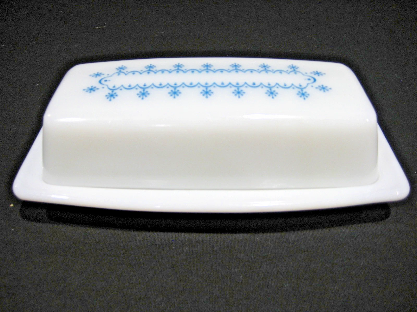 Vintage Pyrex Blue and Milk Glass Snowflake Garland Butter Dish with Lid