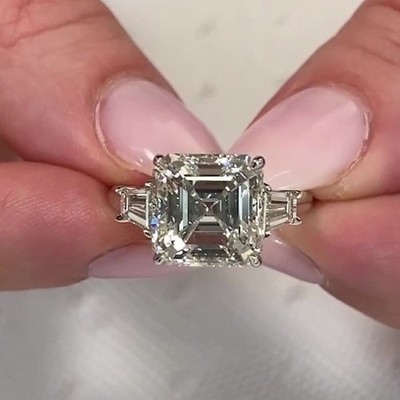 2.8CWT Asscher Cut Moissanite Three Stone Engagement Ring 14k White Gold Plated