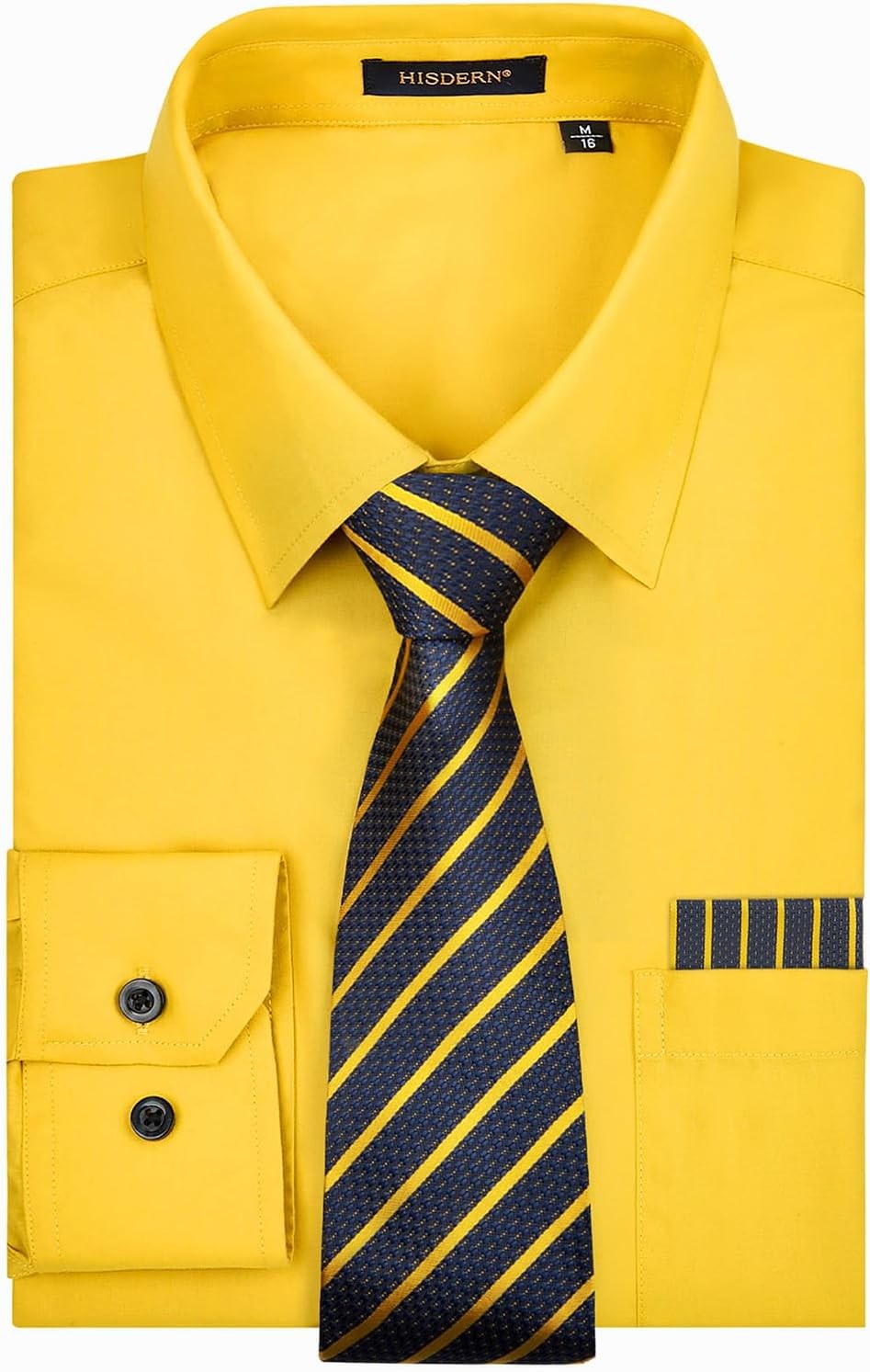 HISDERN Men's Solid Long Sleeve Shirt & Tie Set Regular Fit Yellow Cott image 2