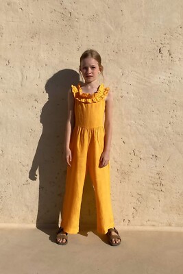 ZARA KIDS GIRL RUFFLED LINEN JUMPSUIT ORANGE 1477/212 SZ 13-14