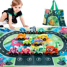 Dinosaur Toys for Toddlers, Wooden Dinosaur Train Set with Playmat Storage Bag