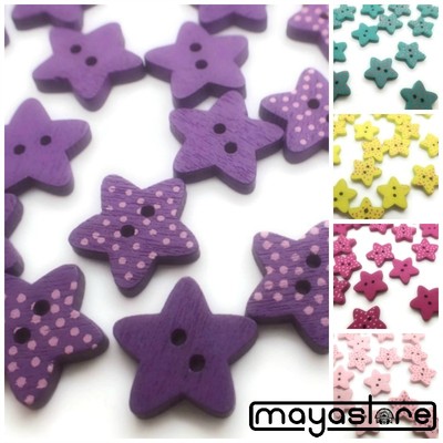 5 STERN STERNCHEN HEART HOLZKNÖPFE KNOPF BABY KIND DEKO KNÖPFE GRÜN LILA ROSA 