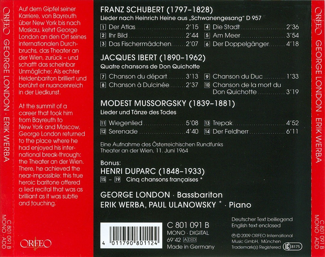 GEORGE LONDON GEORGE LONDON SINGS SCHUBERT, IBERT & MUSSORGSKY NEW CD