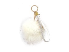 White Faux Fur Pom Pom and Suede Jeweled Hand Holder Keychain