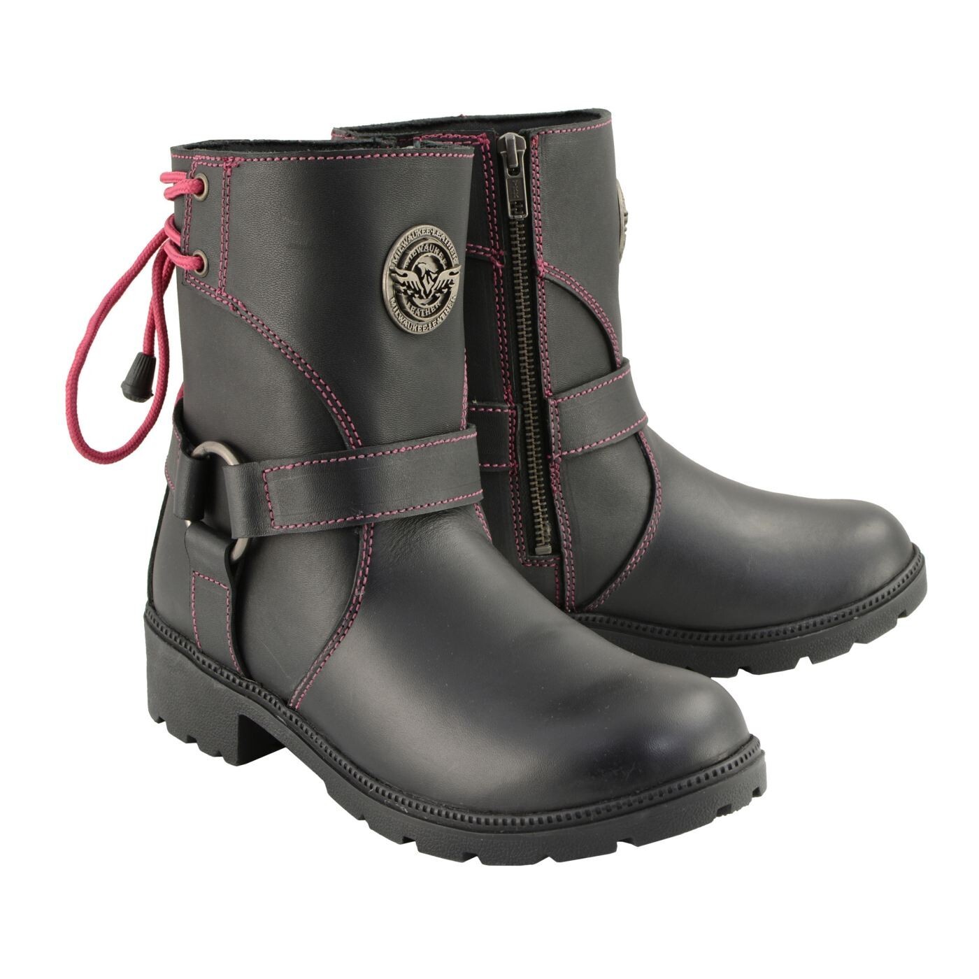 Женские кожаные ботинки на молнии Milwaukee Leather 9318 с розовыми шнурками сзади