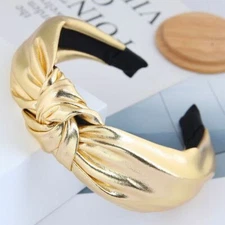 Hot Fluorescent Gold Color Knotted Turban Pu Fabric Wide Headband 