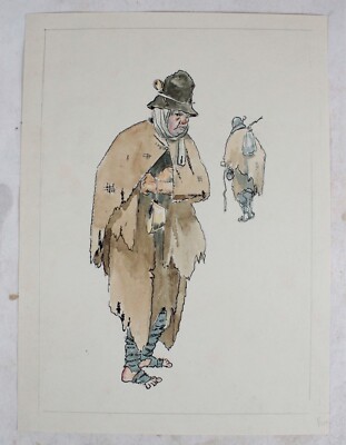 Vintage Joan Winby Aquarell Gemälde Illustration Portrait eines Bettlers 