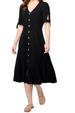 Susan Graver Women's PURE Linen Blend Tie Sleeve Midi Dress Black