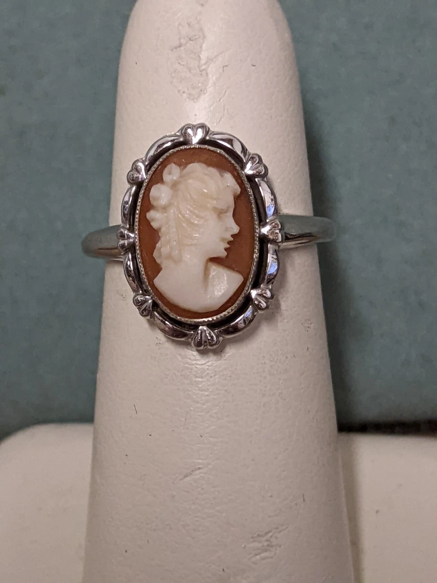 Vintage 10k White Gold Cameo Ring Size 5 1 2 Petite Pinky Low
