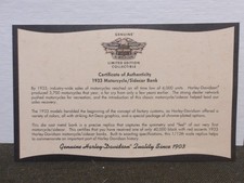 Harley Davidson Franklin Mint COA for 1933 Motorcycle Sidecar Bank