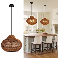 3-Light Dark Brown Rattan Pendant Light,18.9" Rustic Hanging Light,Round Curr...