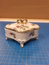 Vintage Porcelain Trinket Box Floral Design Footed Jewelry Box Decor Storage
