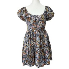 American Eagle Dress Dainty Floral Cotton Mini Gray Tiered Puff Sleeve Women Sm