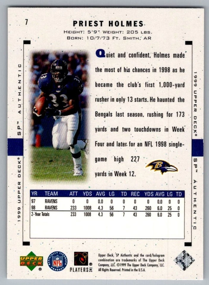1999 SP Authentic Priest Holmes Baltimore Ravens #7 - Image 2 of 2