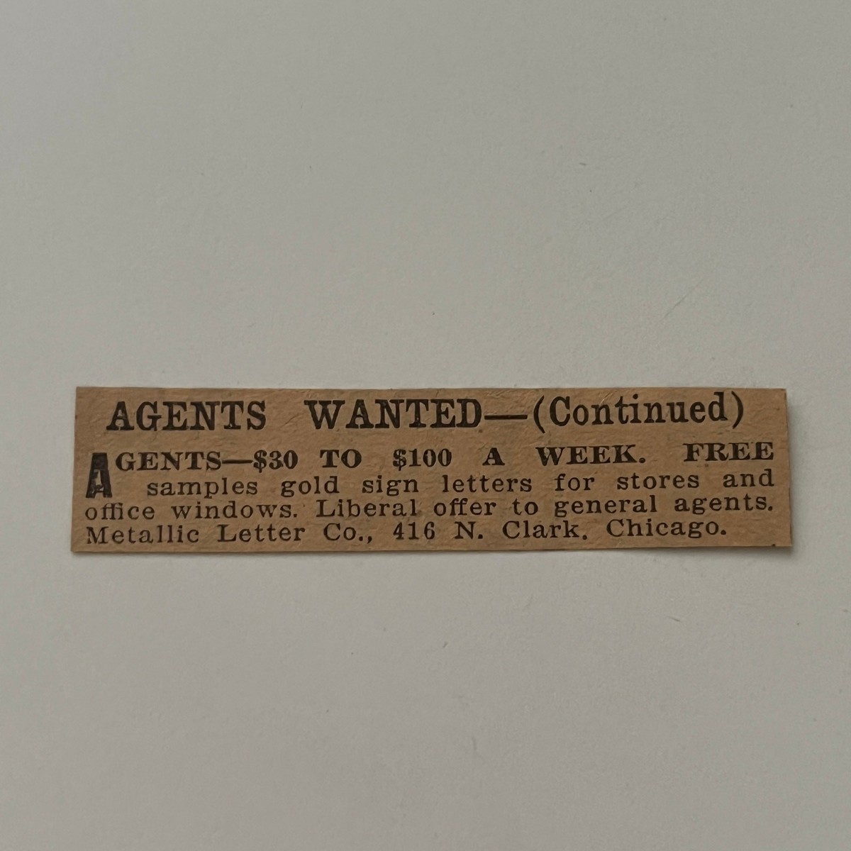 Metallic Letter Co 416 N Clark Agents Wanted Chicago 1917 Clipping