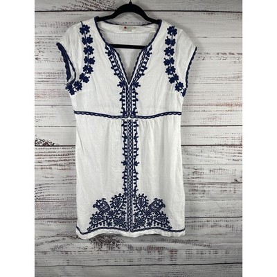 Boden Dress Women's 6P White Floral Embroidered Linen V Neck Boho Short Sleeve