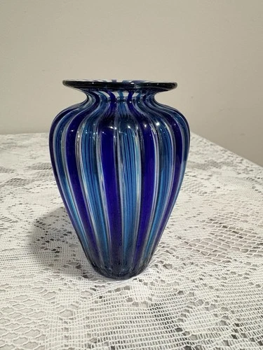Italian Murano Art Glass Vase Canne Technique Blue and Turquoise Vintage