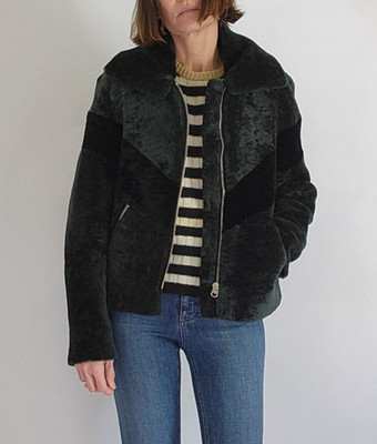 Sandro Paris shearling sheepskin jacket, S (designer sz 1) black/gray, excellent