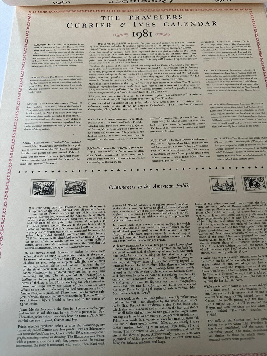 VTG Complete 1981 Travelers Insurance Co. Calendar Currier and Ives Prints  Rare | eBay