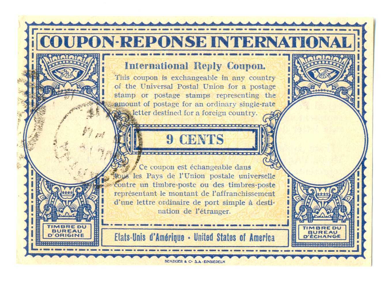 Unites States IRC International Reply Coupon 9 Cents 1941 UPU Watermark