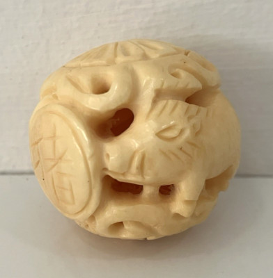OJIME bead netsuke CHINESE ZODIAC YEAR OF THE PIG 1.25'' round carved resin