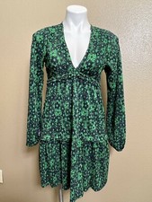 Zara Floral V Neckline Long Sleeves Mini Dress Black Green S pleated ruffle trim