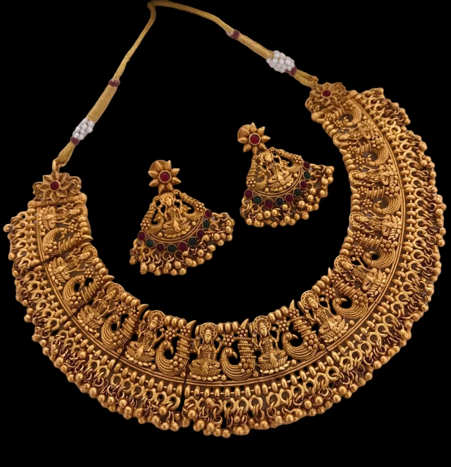 Bollywood Stil Vergoldet Halskette Ohrringe Süd Indisch Tempel Schmuck Set