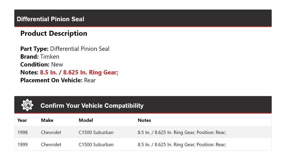 Sello de piñón diferencial Timken trasero para Chevrolet C1500 Suburban 1998-1999 Foto 2 de 4